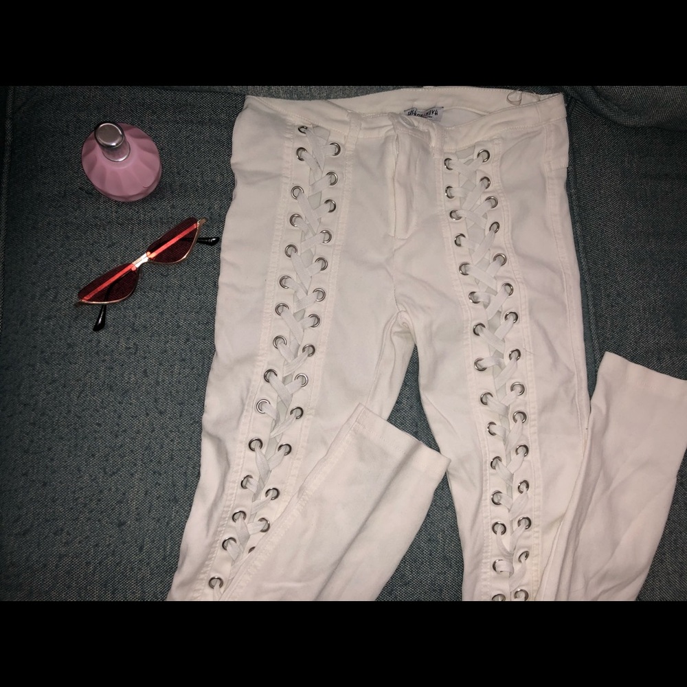 White Fashion Nova Lace Up Jeans